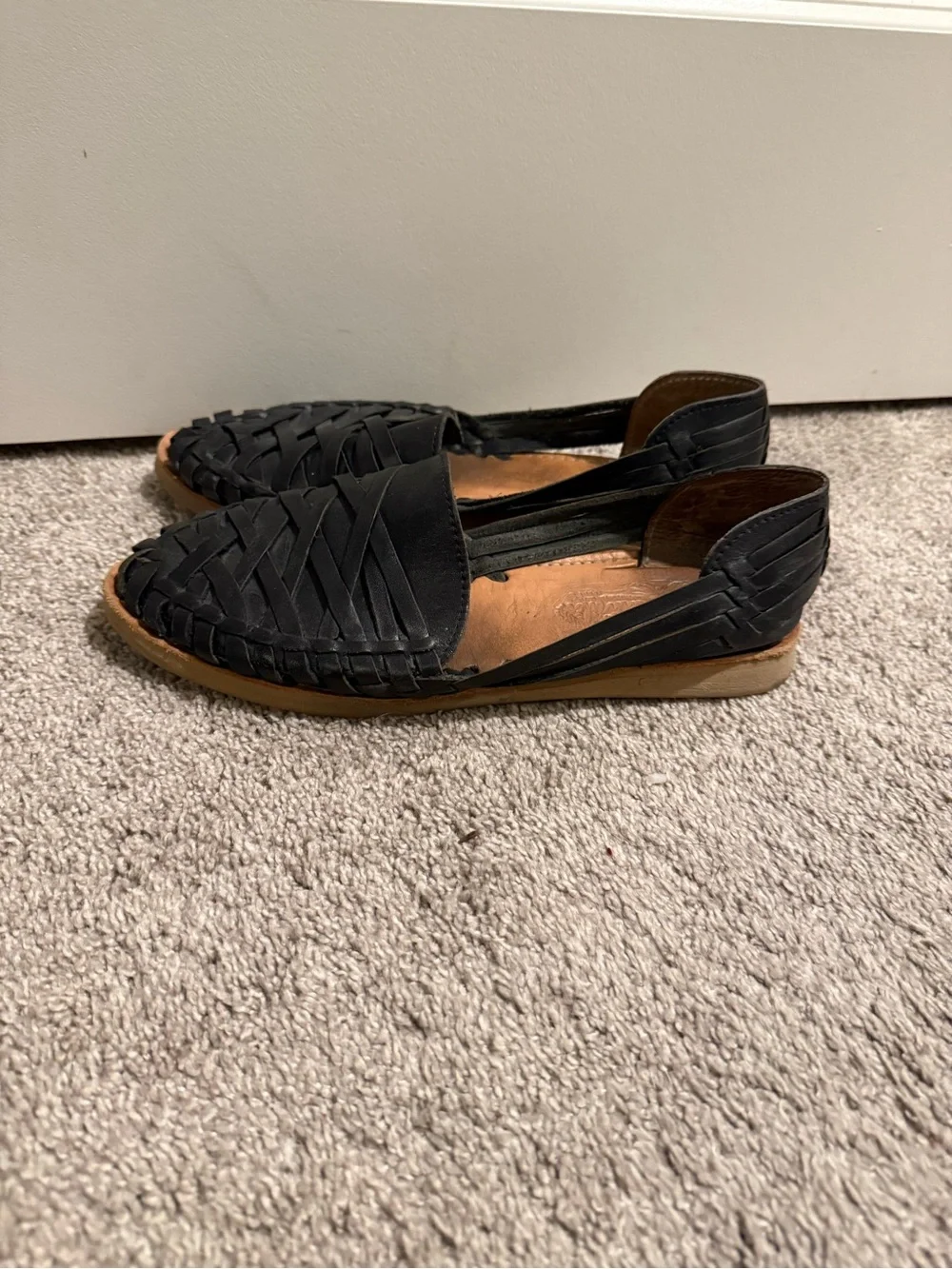 Handmade Black Woven Leather Huarache Flats - Women Sz 10